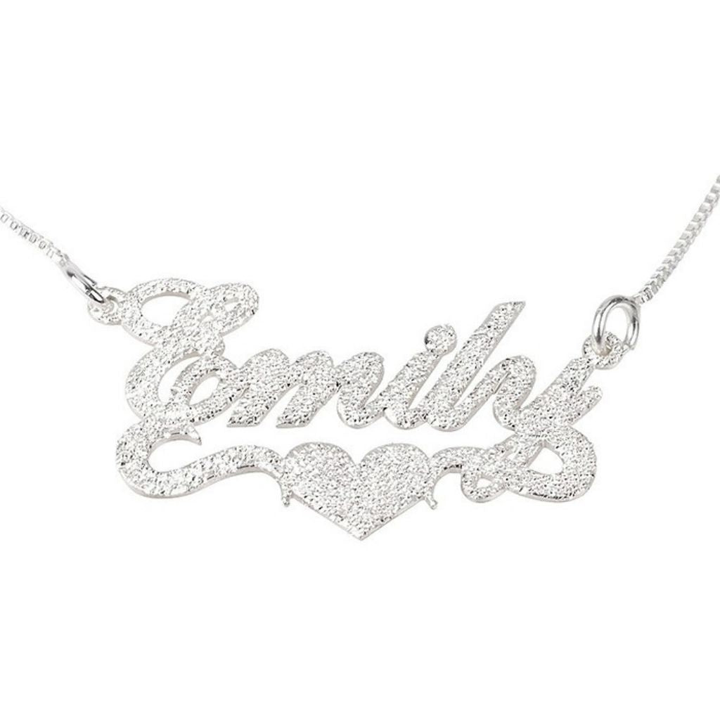 Silver 'Family' necklace with heart design on a white background