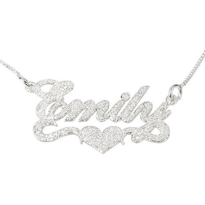 Silver 'Family' necklace with heart design on a white background