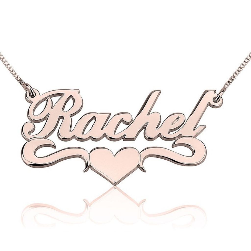 Rose gold 'Rachel' necklace with a heart on a white background