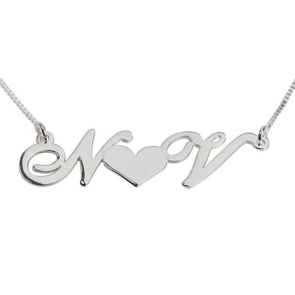 Silver necklace with 'Mom' and heart pendant on a white background