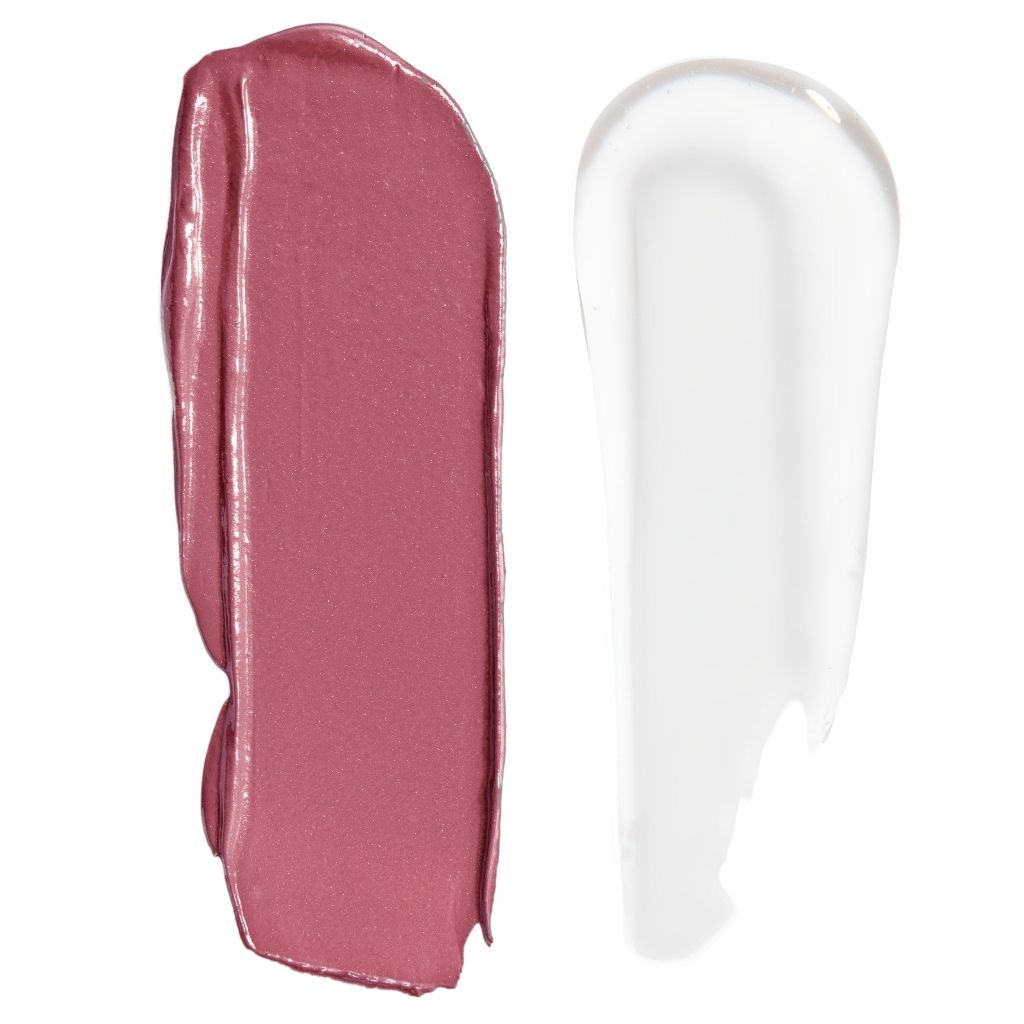 Two swatches of lipstick, one pink and one clear, on a white background
