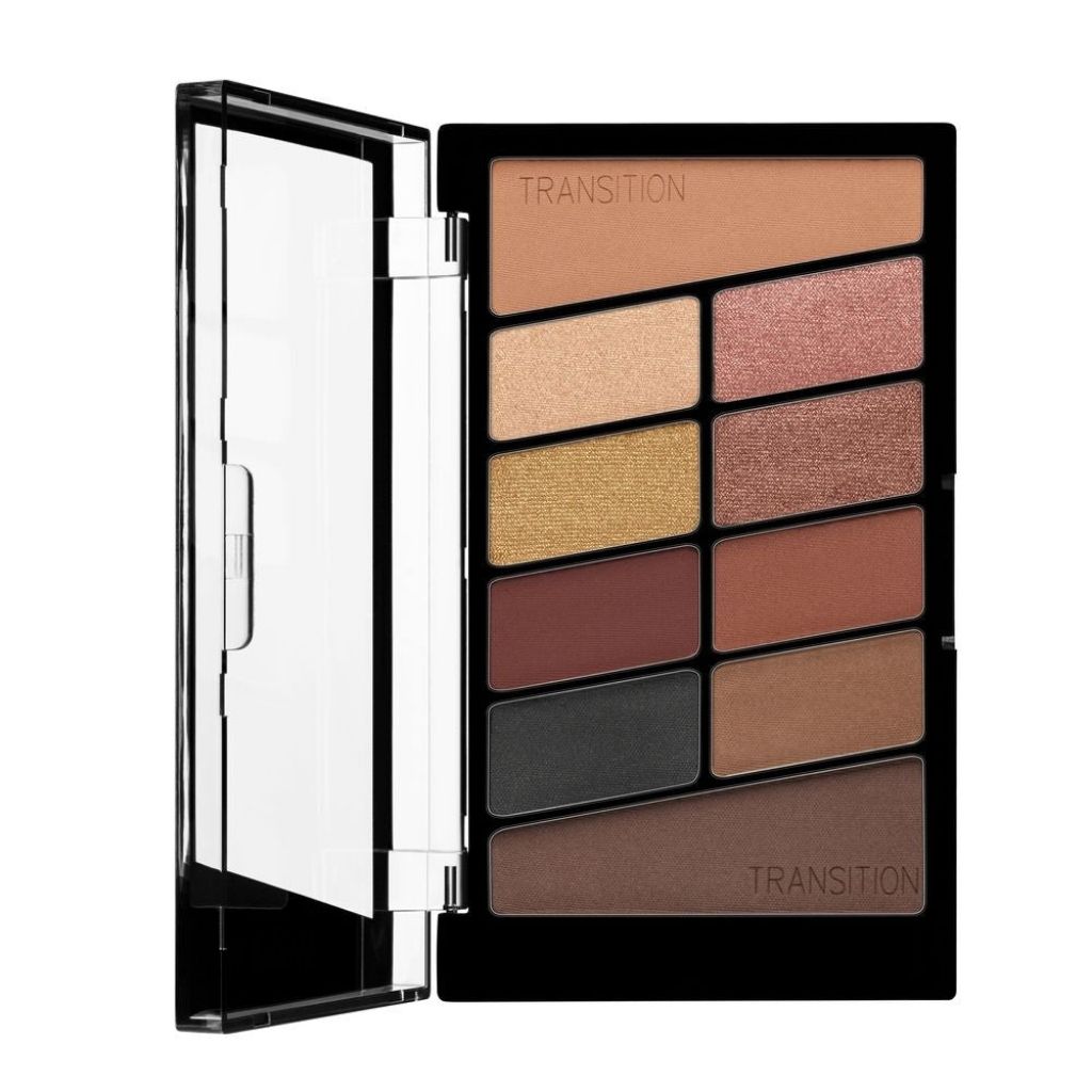 Makeup palette with various shades of eyeshadows on a white background