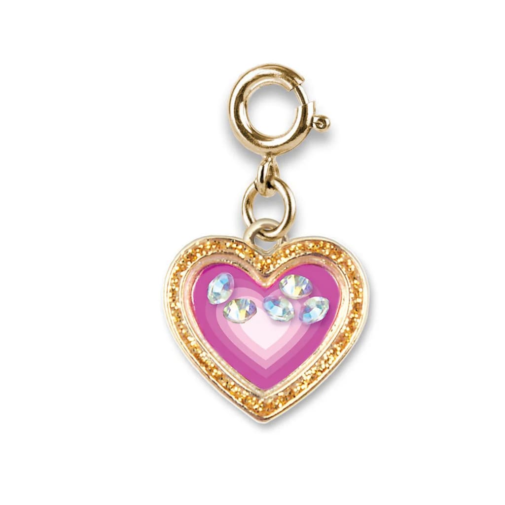 Heart-shaped charm with pink center and gold border on a white background