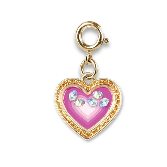 Heart-shaped charm with pink center and gold border on a white background