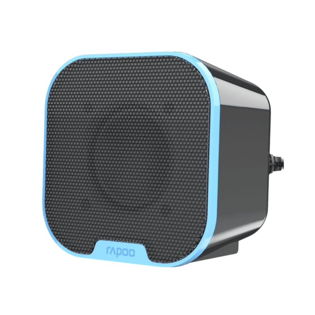 Black and blue computer speaker with 'Rapoo' branding on a white background