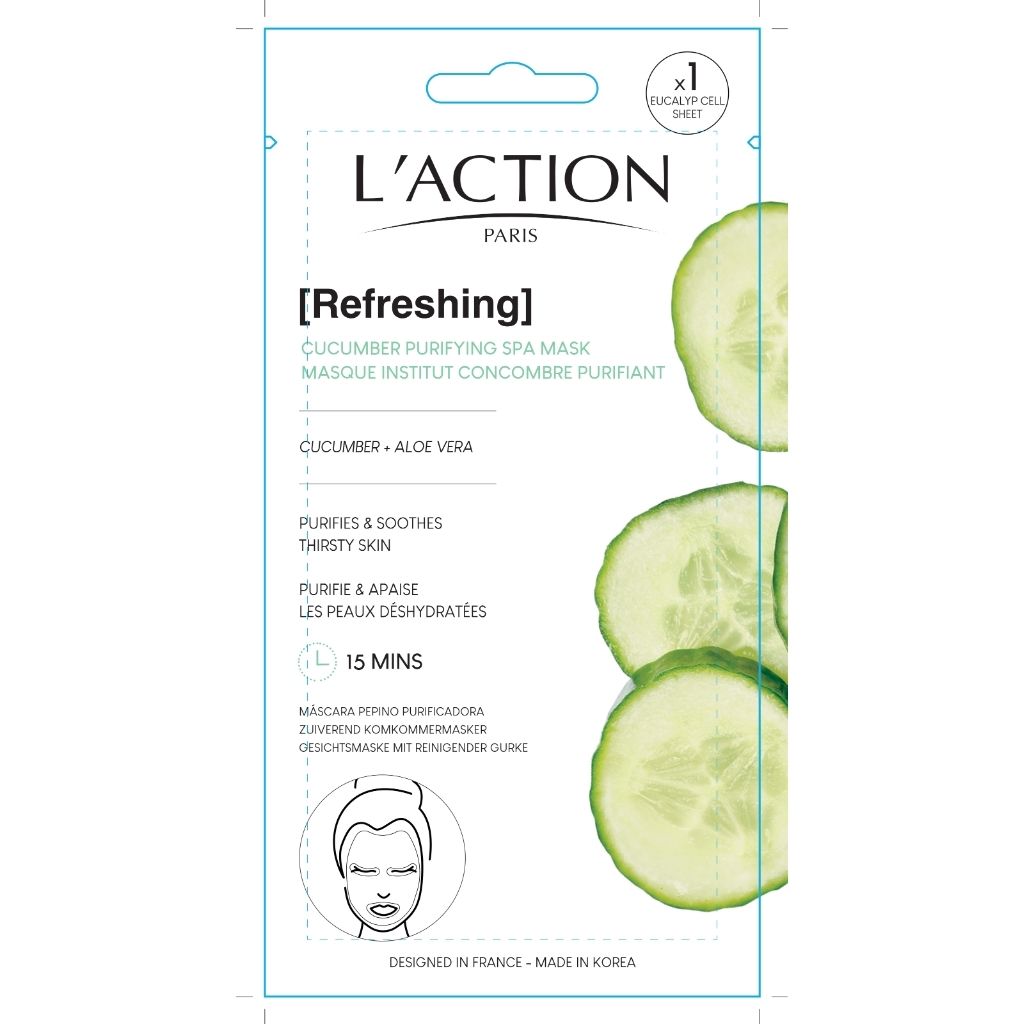 L'Action Paris cucumber purifying spa mask packaging with cucumber slices on a white background