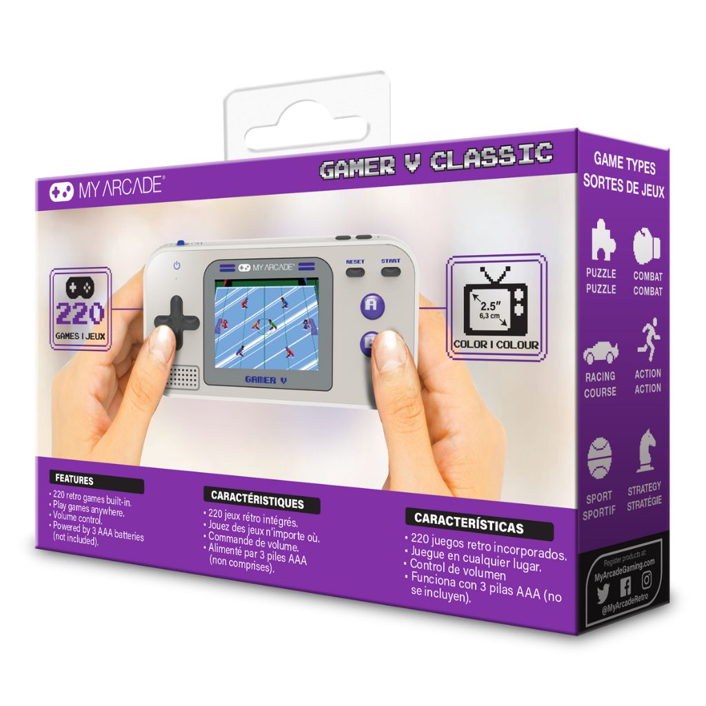 Handheld gaming console with purple packaging featuring 'My Arcade' branding.