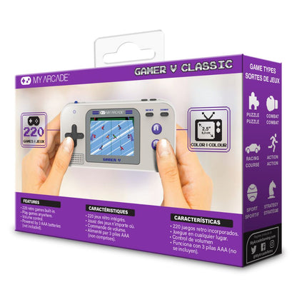 Handheld gaming console with purple packaging featuring 'My Arcade' branding.