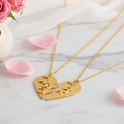 Arabic Name Split Heart Pendant Necklace Set
