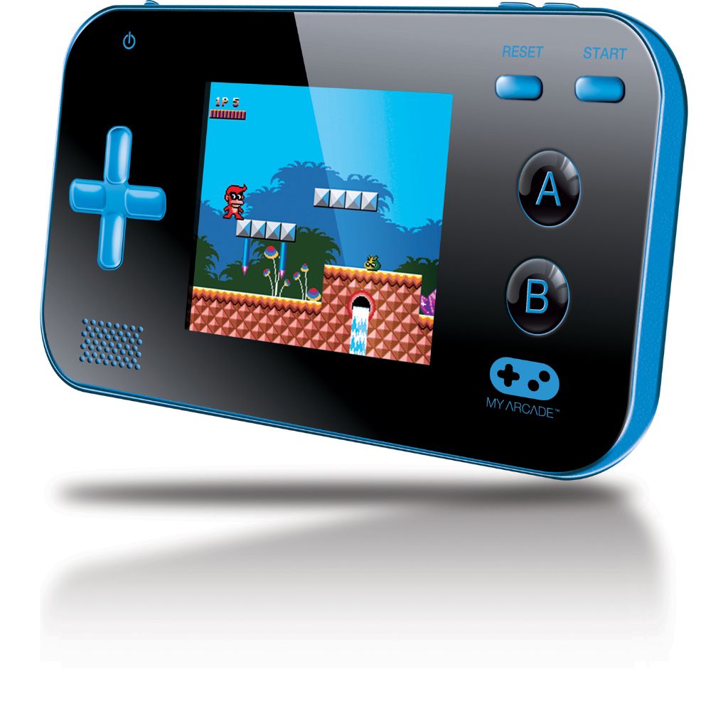 Handheld gaming console with a classic game displayed on the screen, featuring blue and black design.