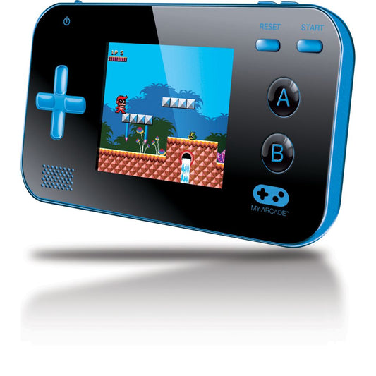 Handheld gaming console with a classic game displayed on the screen, featuring blue and black design.