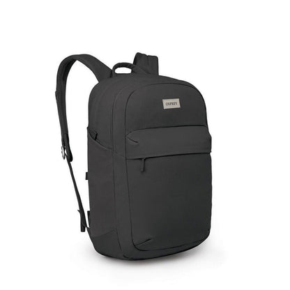 Black backpack with a visible brand logo on a white background