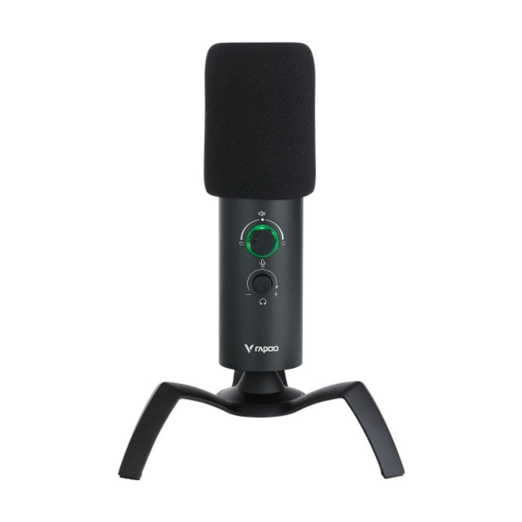 Black USB microphone on a stand with visible brand logo against a white background