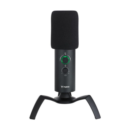 Black USB microphone on a stand with visible brand logo against a white background