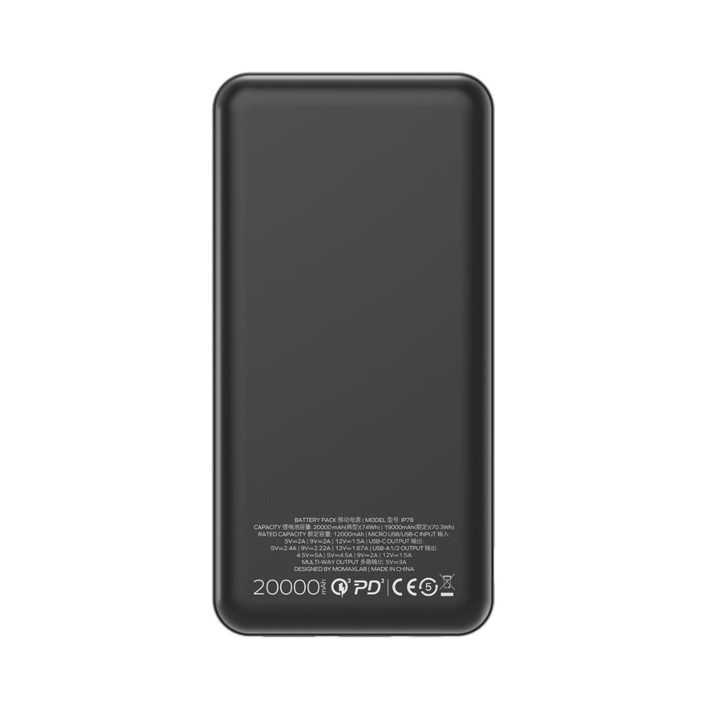 Black power bank with text on a white background
