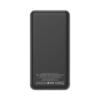 Black power bank with text on a white background