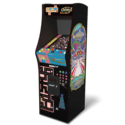 Vintage-style arcade game cabinet with colorful graphics on a white background