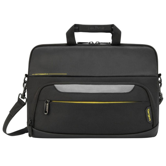 Black briefcase with yellow accents on a white background