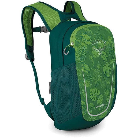 Green Osprey backpack with leaf pattern on a white background
