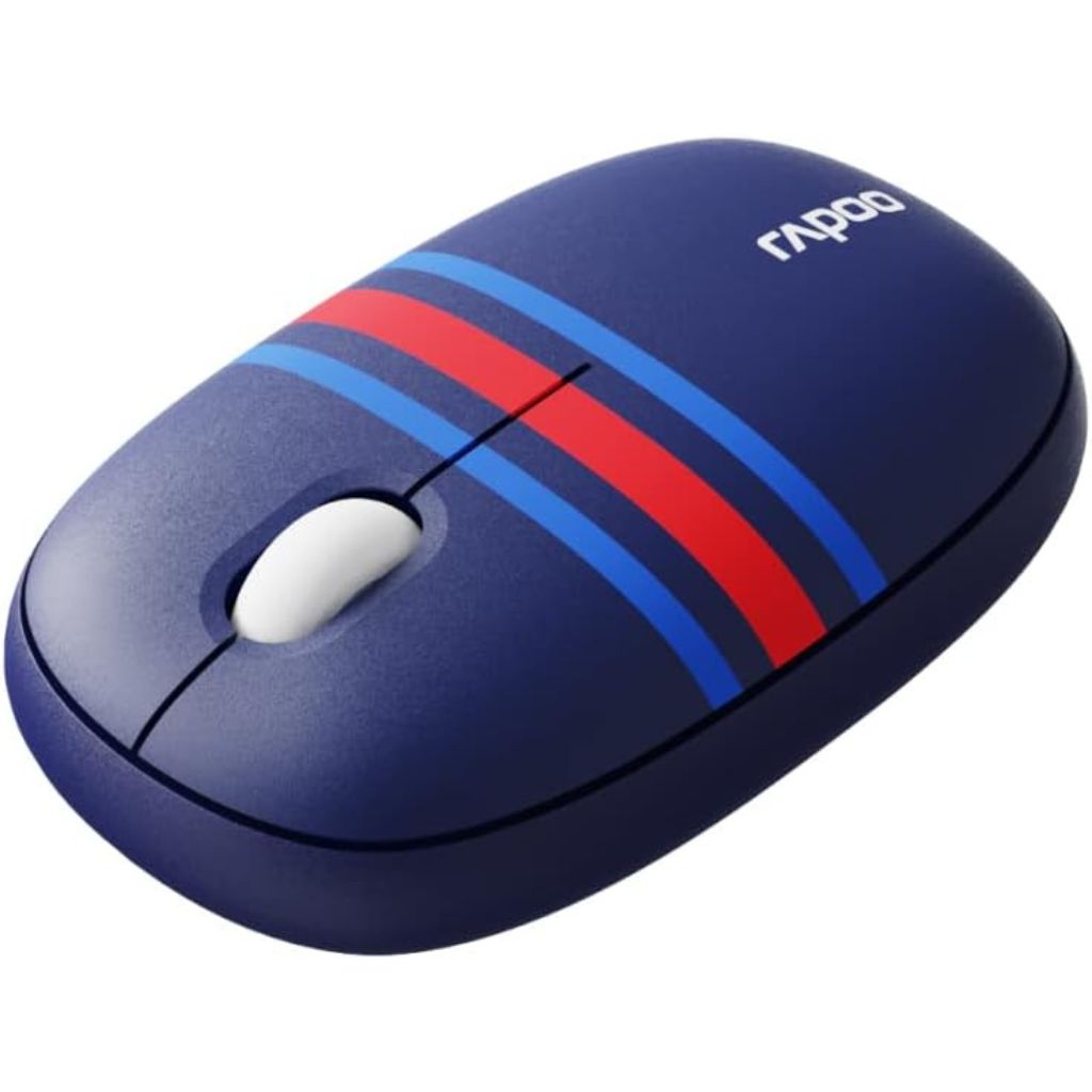 Blue computer mouse with red and white stripes on a white background