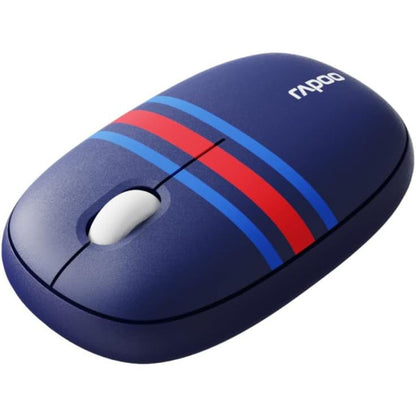 Blue computer mouse with red and white stripes on a white background