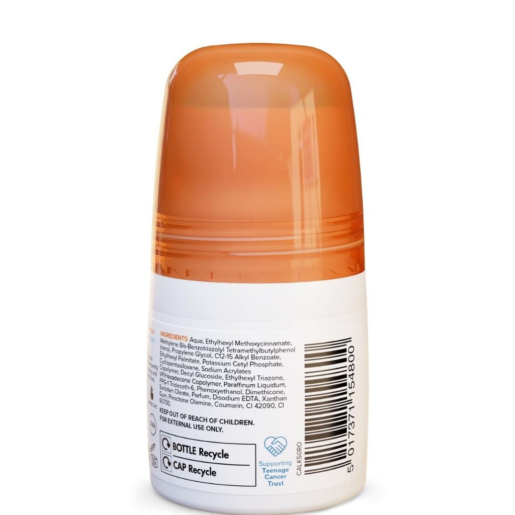 Roll-on deodorant with orange cap and white body on a white background