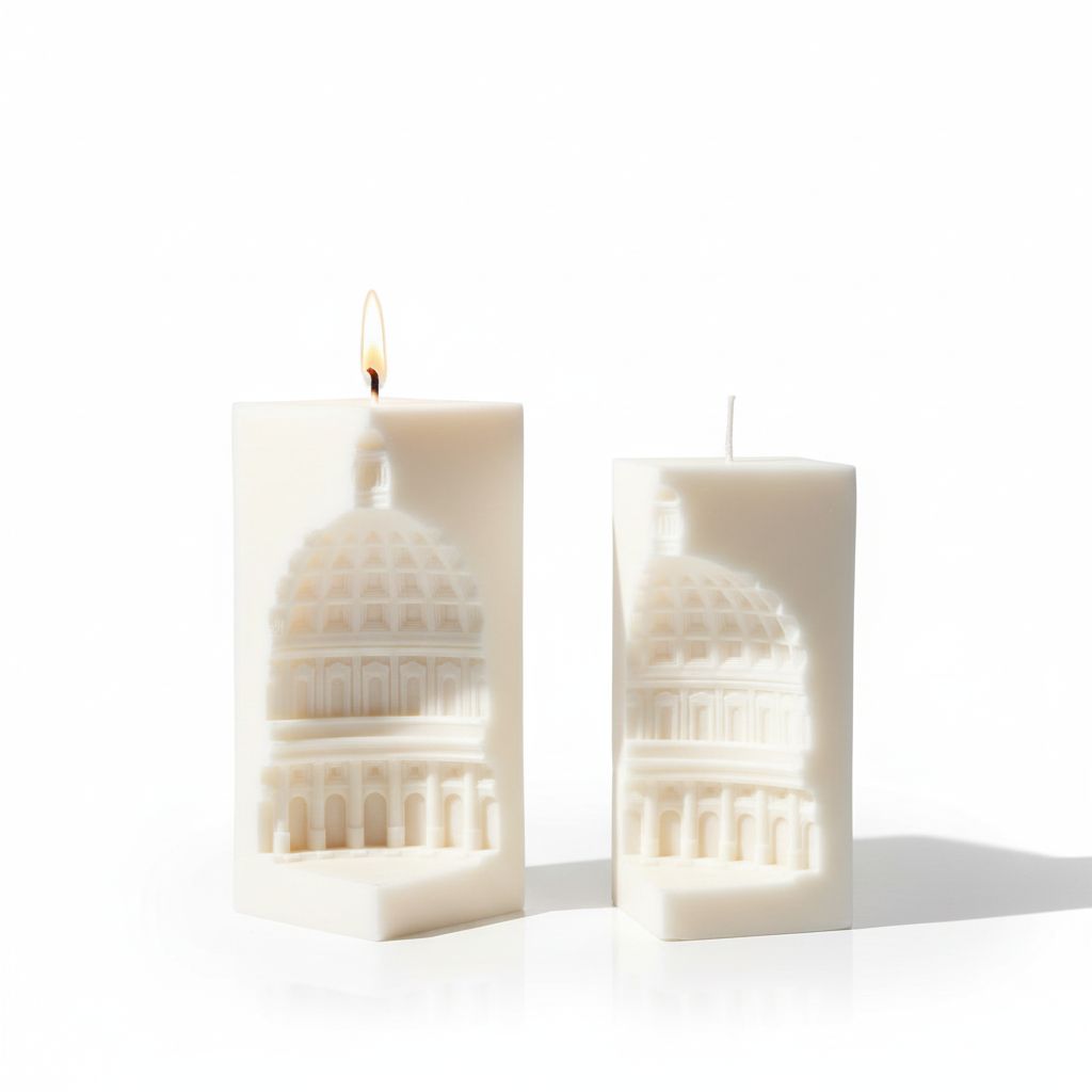 Two white candles with architectural designs on a white background
