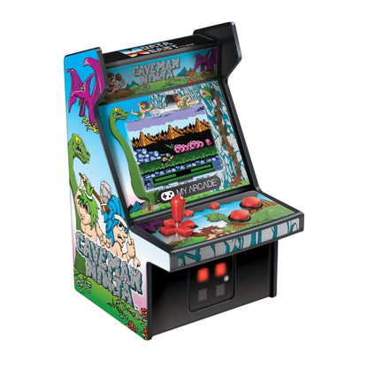 Miniature arcade machine with colorful graphics on a white background