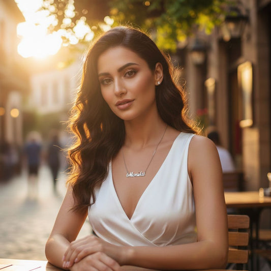 Woman in a white dress sitting outdoors with a blurred background