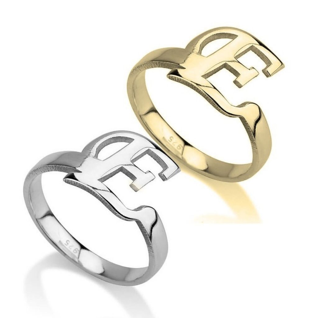 Two heart-shaped rings, one gold and one silver, on a white background.