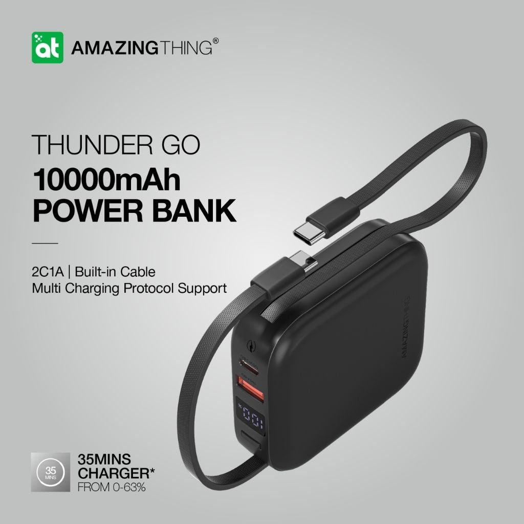 At Thunder Go 10000 mAh Power Bank With Built-In 2 Usb-C Cables
