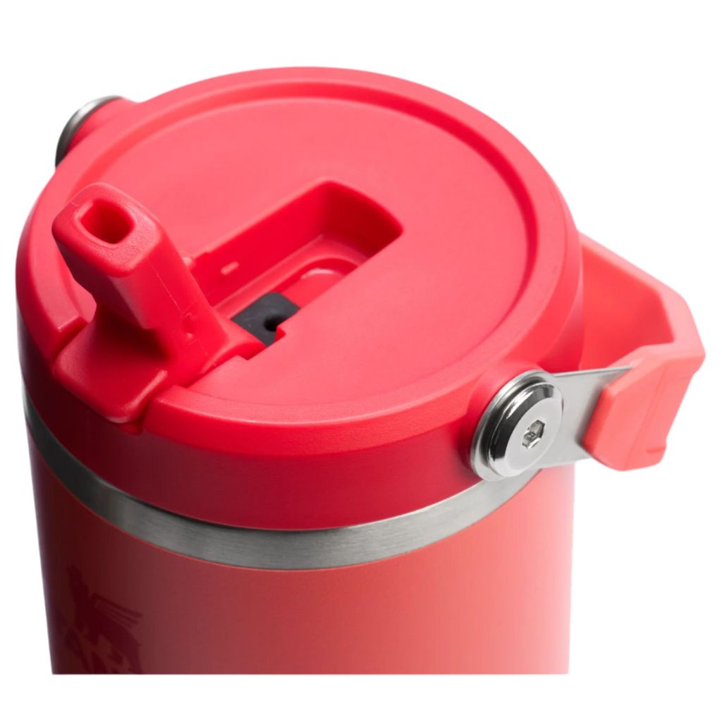 Red insulated mug with a silver clasp on a white background