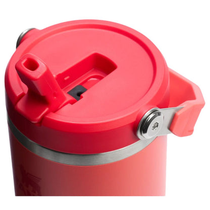 Red insulated mug with a silver clasp on a white background