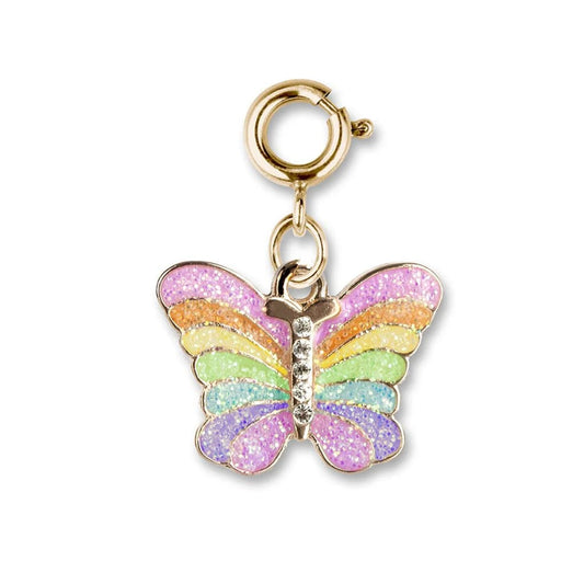 Colorful butterfly charm with gold clasp on a white background
