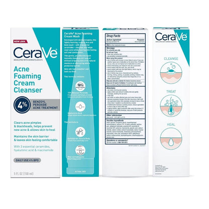 CeraVe acne foaming cream cleanser packaging with text and icons on a white background