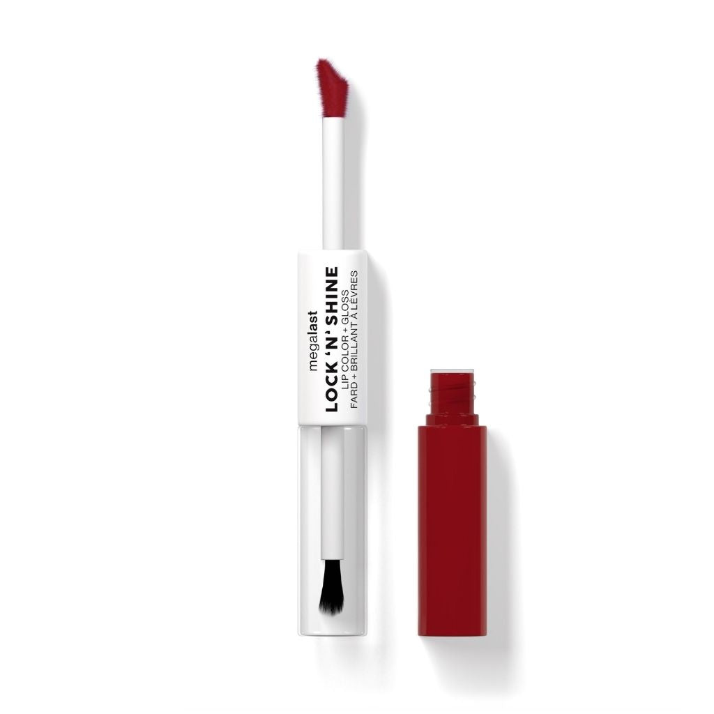 Red lip gloss with applicator on a white background