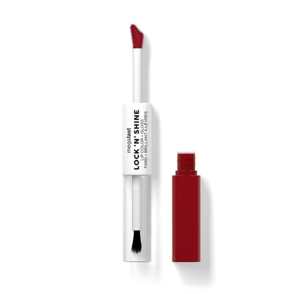 Red lip gloss with applicator on a white background