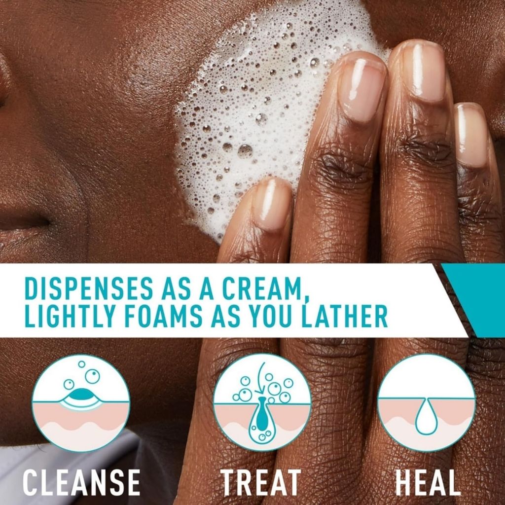Hand applying foamy cream to skin with product features highlighted
