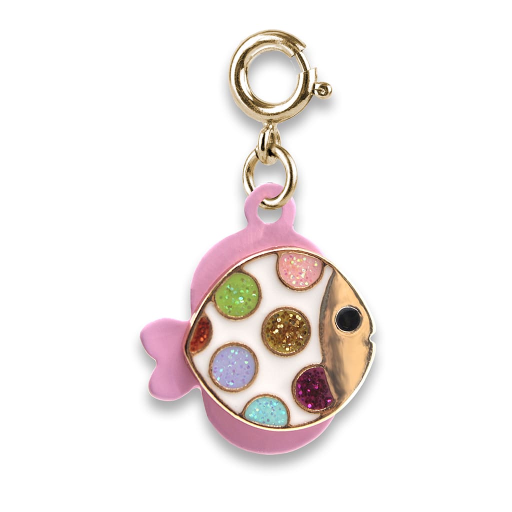 Colorful fish charm with gold accent on a white background