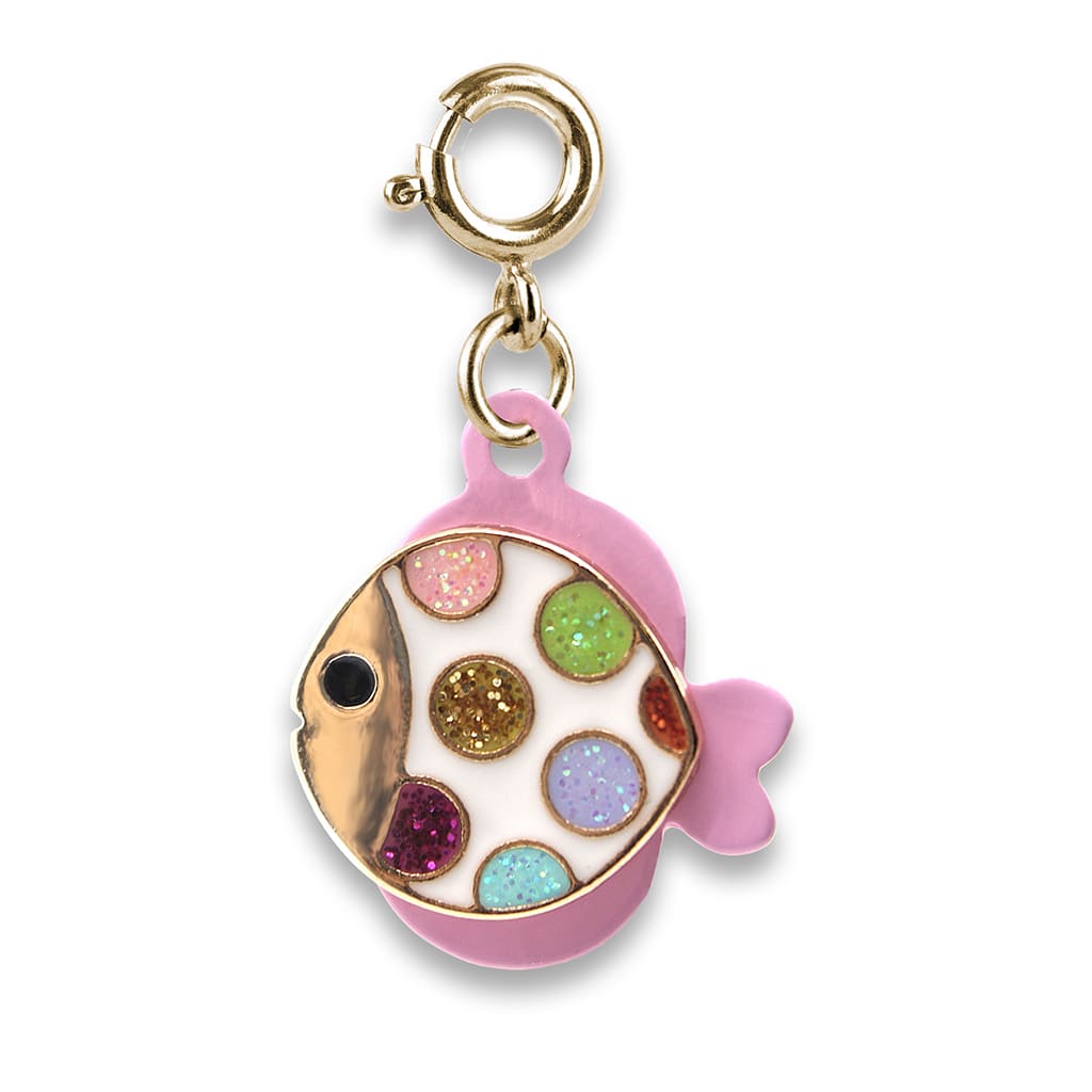 Colorful fish charm with gold accents on a white background