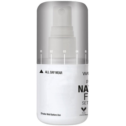 Makeup setting spray bottle with 'All Day Wear' text on a white background