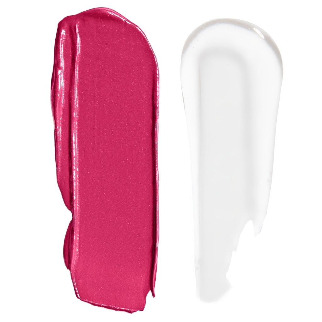 Two swatches of lipstick, one pink and one clear, on a white background