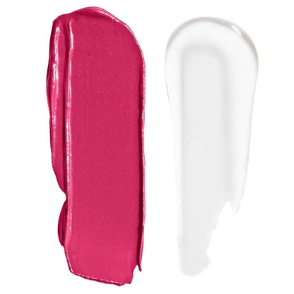 Two swatches of lipstick, one pink and one clear, on a white background