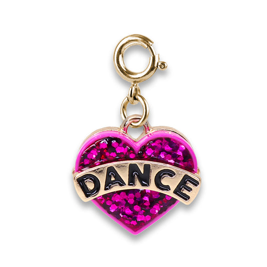 Gold charm with pink glittery heart and 'DANCE' text on a white background