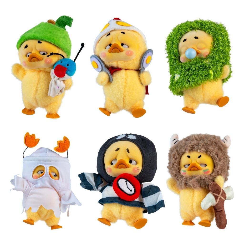Set of six cartoon duck plush toys in various costumes on a white background