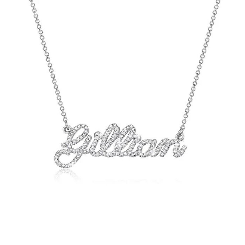 Silver necklace with 'Gillian' pendant on a white background