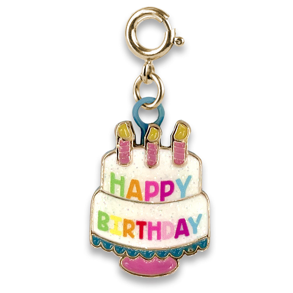 Birthday cake charm with 'Happy Birthday' text on a white background