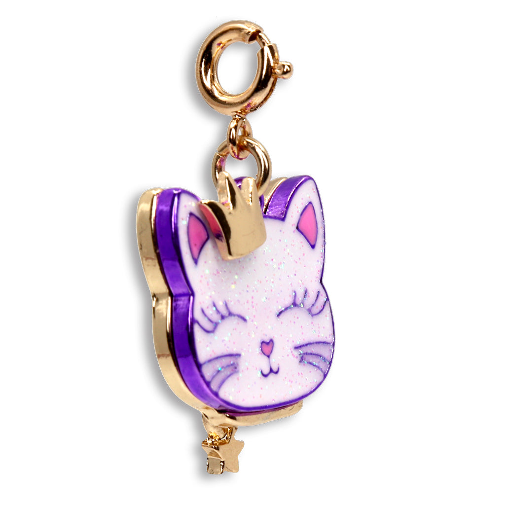Cat-shaped charm with gold border on a white background