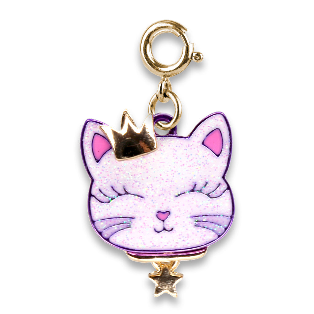 Cat charm with gold crown and star on a white background
