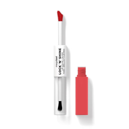 Red lip gloss with applicator on a white background